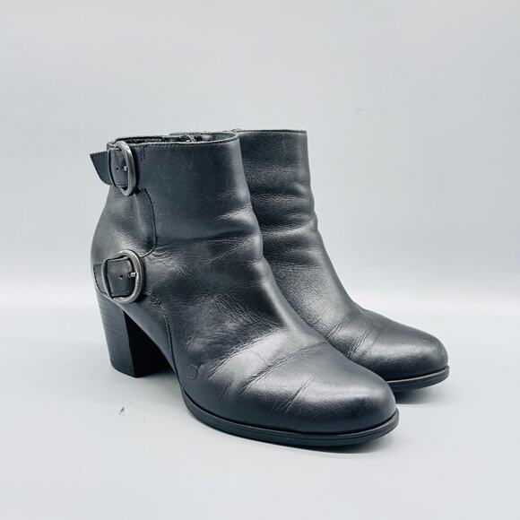 Born Boots Women 7.5 Black Leather Ankle Bootie Buckle Strap Block Heel Side Zip - Picture 2 of 12